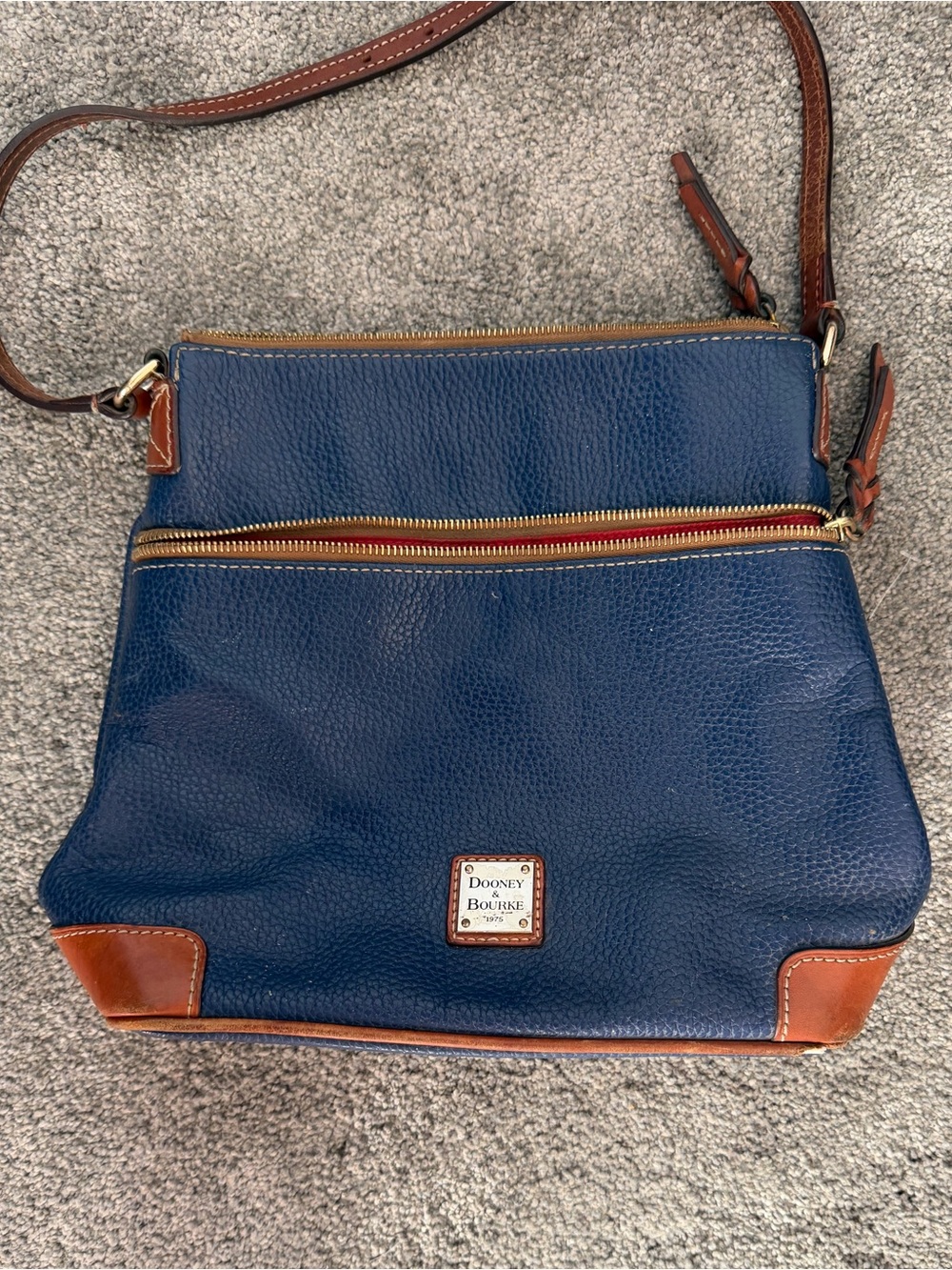 Dooney & Bourke Navy Pebbled Leather Crossbody with Brown Trim